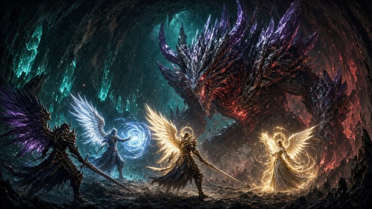 AION 2 Hard Mode: Daeva-Gruppe mit Flügeln kämpft in einer dunklen Höhle gegen einen riesigen Boss