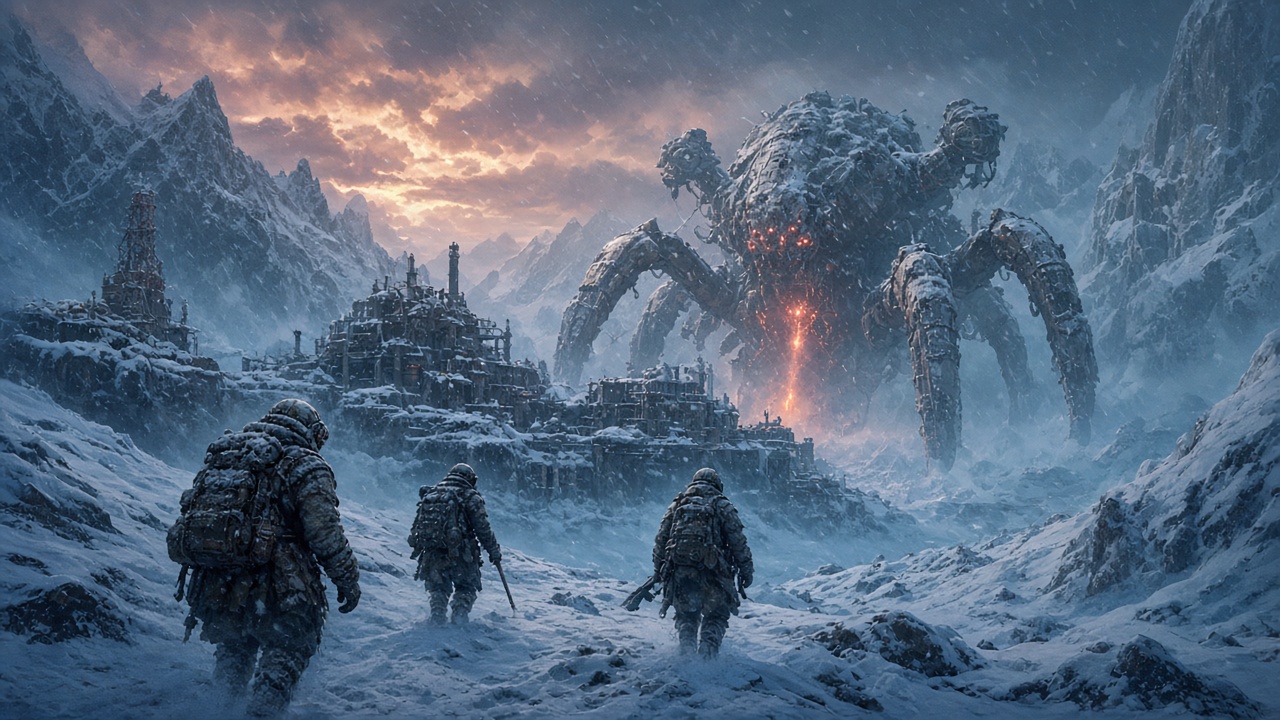 Arc Raiders kostenlos – Raider-Trupp im verschneiten Pendola Pass vor einer riesigen ARC-Maschine