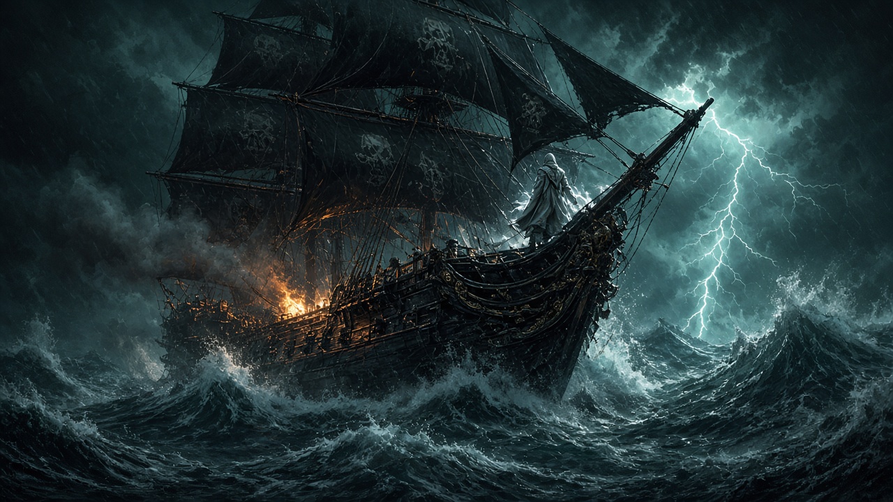Ein Piratenschiff mit schwarzen Segeln kämpft sich nachts durch einen Sturm, am Bug steht eine Gestalt im weißen Kapuzenmantel
