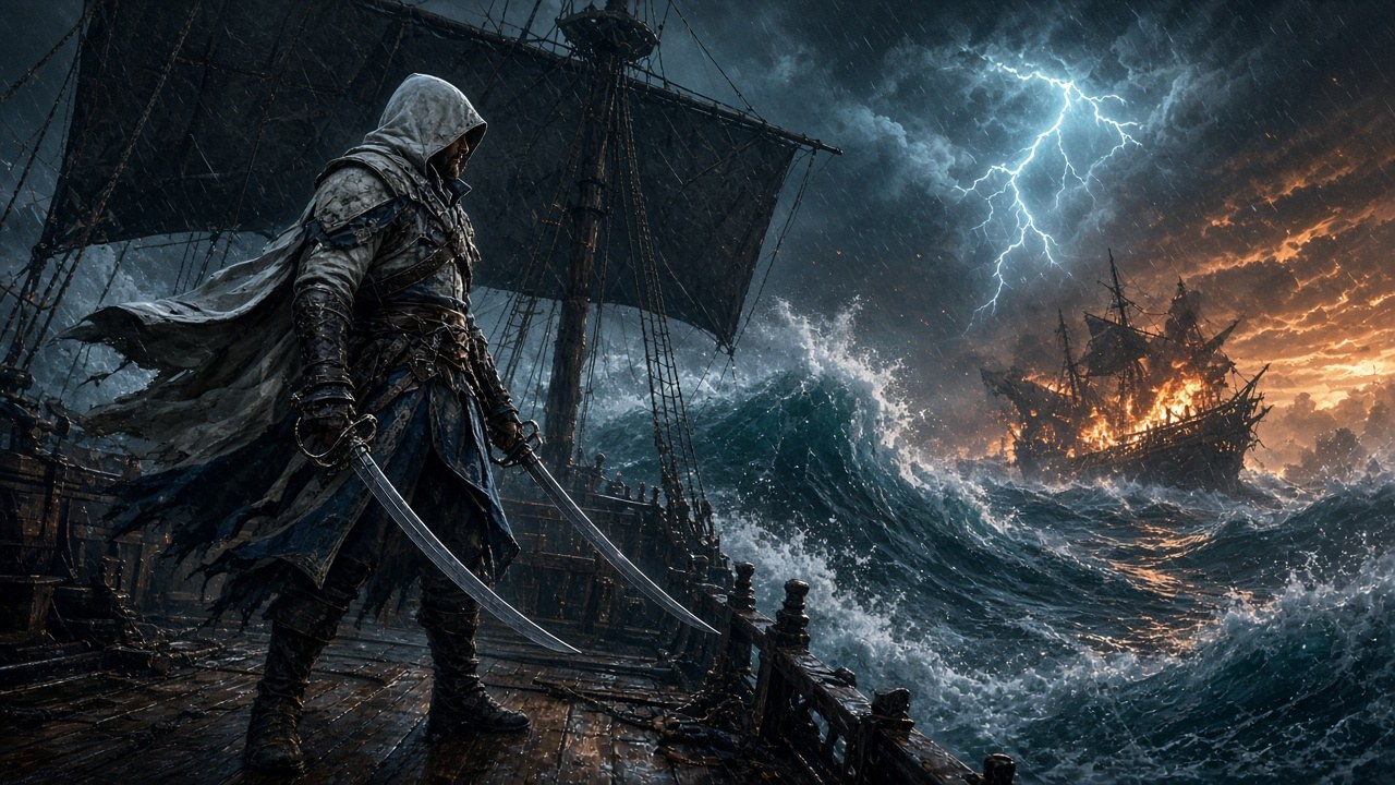Black Flag Resynced Update: Ein Assassine mit zwei Säbeln steht im Sturm auf einem Piratenschiff, im Hintergrund brennt ein feindliches Schiff