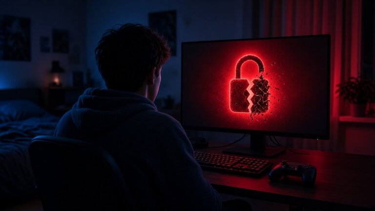 Capcom Datenleck: Gamer sitzt im dunklen Zimmer vor einem Monitor mit roter Sicherheitswarnung