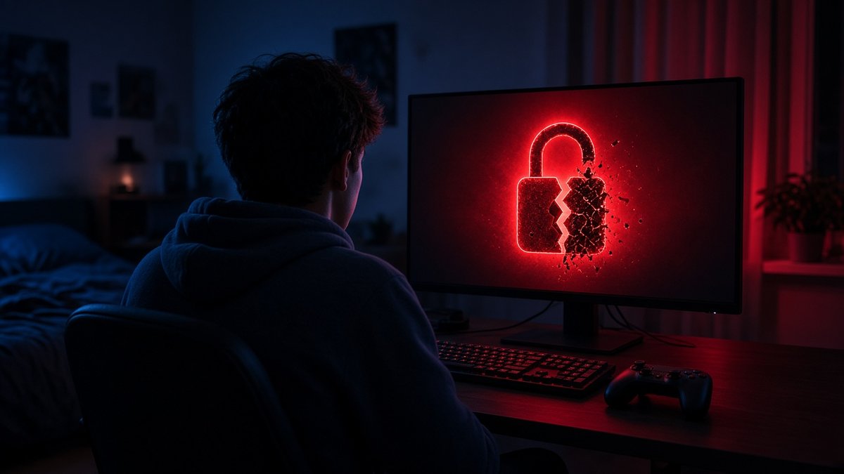 Capcom Datenleck: Gamer sitzt im dunklen Zimmer vor einem Monitor mit roter Sicherheitswarnung