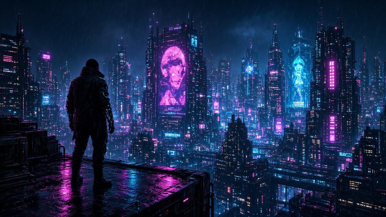 Cyberpunk 2077 Film – Neon-Skyline von Night City mit Cyberpunk-Silhouette vor holografischen Werbetafeln