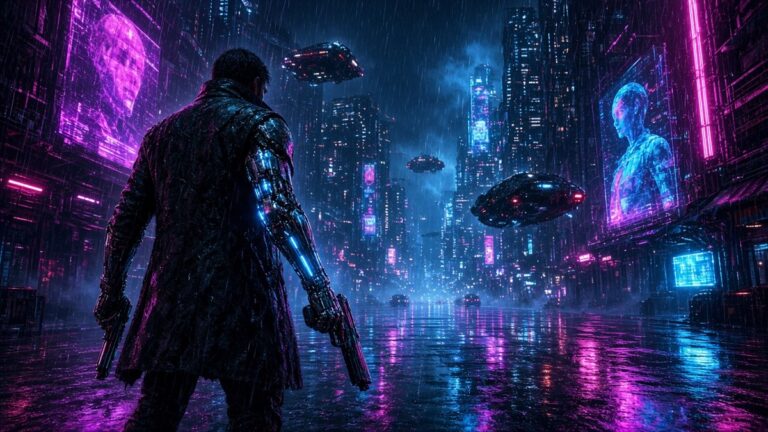 Cyberpunk 2077 Update 2.5: Söldner mit Chrom-Arm und zwei Pistolen in einer verregneten Neon-Straße von Night City