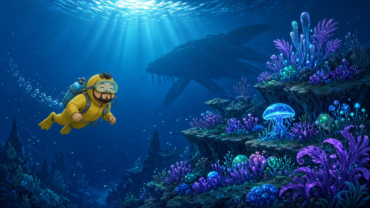 Dave the Diver Subnautica 2 – Taucher in gelbem Anzug vor biolumineszenter Tiefsee und Leviathan-Silhouette