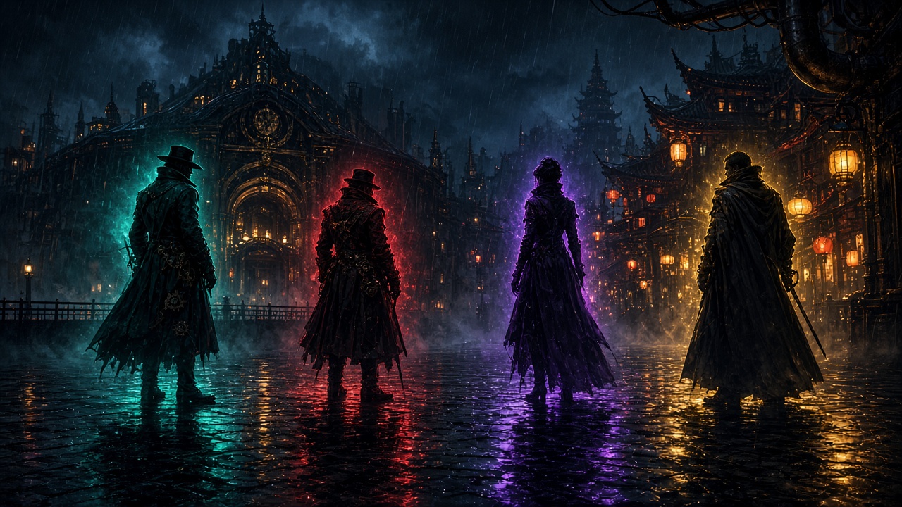 Vier geheimnisvolle Helden-Silhouetten in einer verregneten Noir-Stadt bei Nacht.