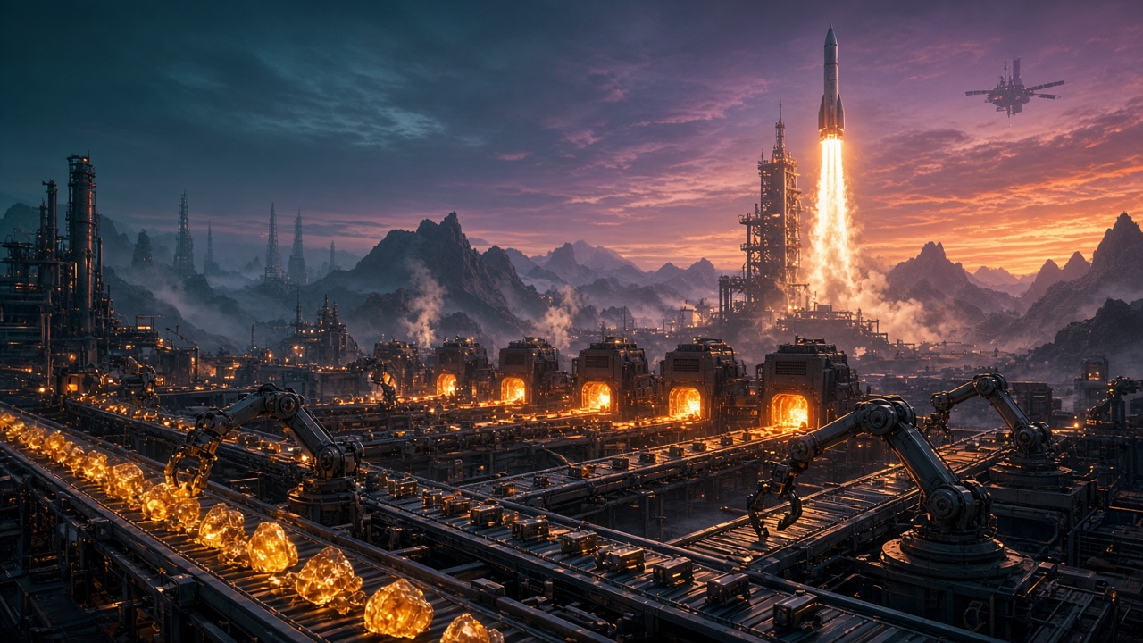 Factorio 2.1: Automatisierte Fabrik mit Förderbändern und Greifarmen, im Hintergrund startet eine Rakete in den Abendhimmel