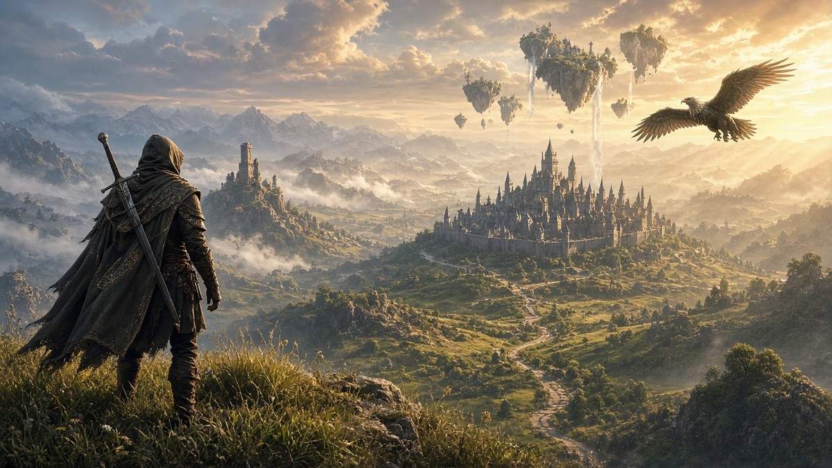 WoW Forever: Abenteurer mit Schwert blickt im Sonnenuntergang auf eine Fantasy-Welt mit Burgstadt, Ruinenturm und schwebenden Inseln