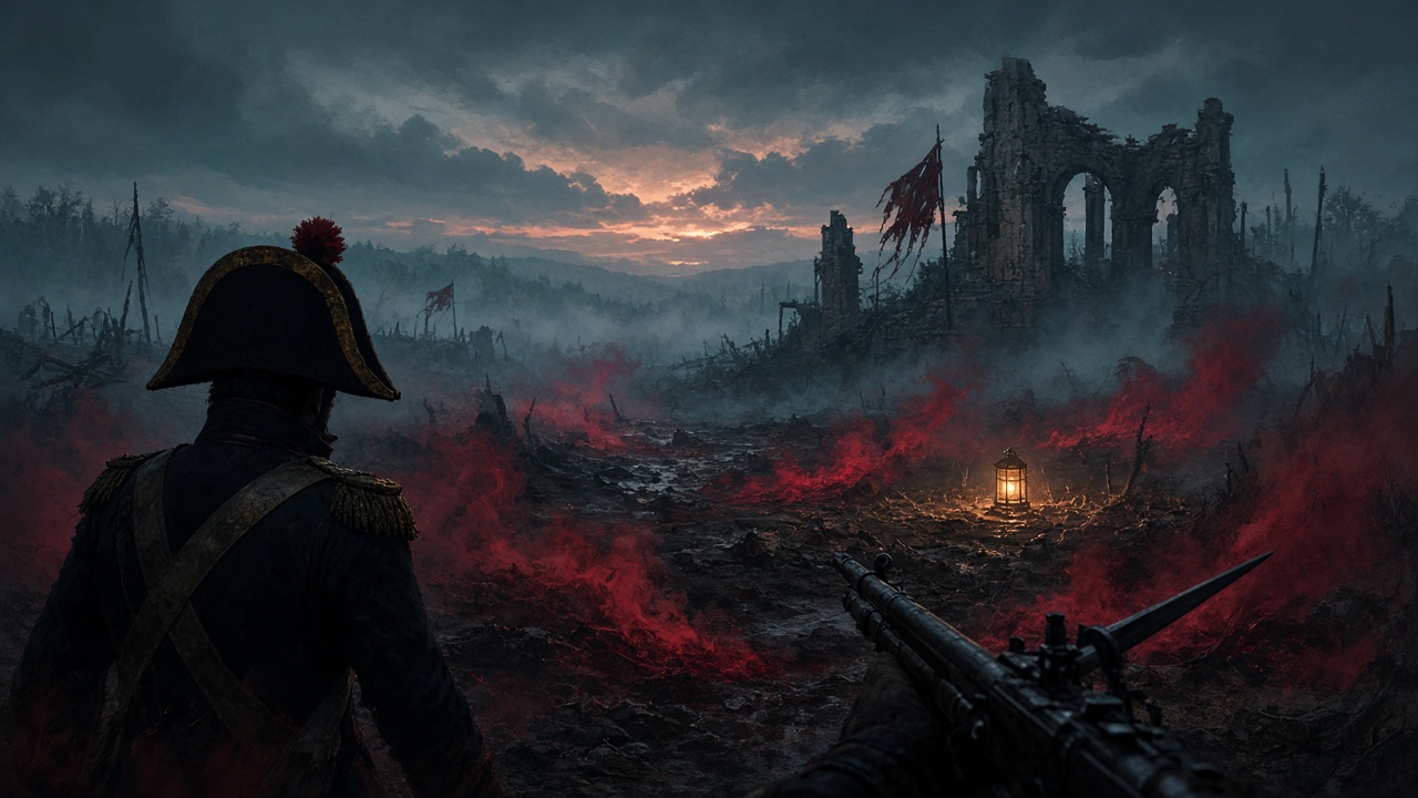 Napoleonic soldier silhouette on a foggy plague battlefield at dusk with lantern light.
