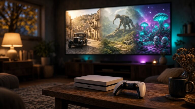 Gemütliches Gaming-Wohnzimmer am Abend mit Konsole, Controller und Fernseher mit Sizilien-, Maschinen- und Pilzplanet-Szenen.