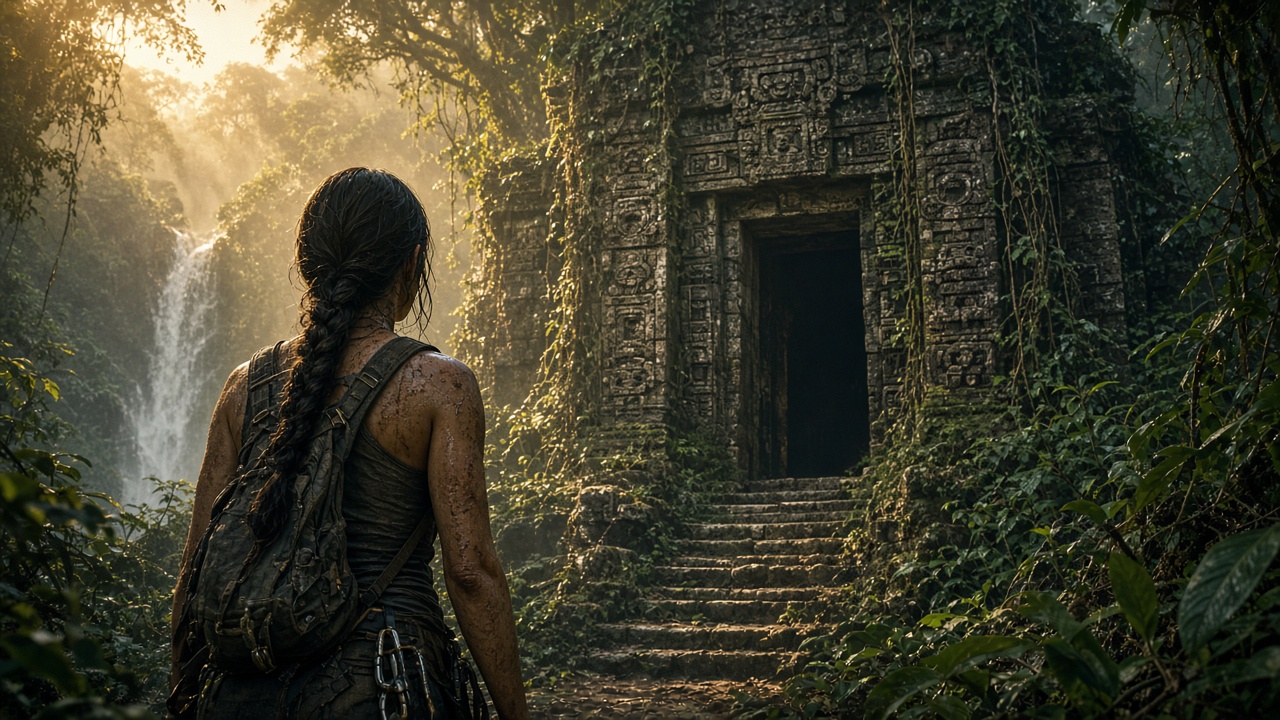 Shadow of the Tomb Raider Switch 2: Abenteurerin steht im Dschungel vor einem überwucherten Tempel
