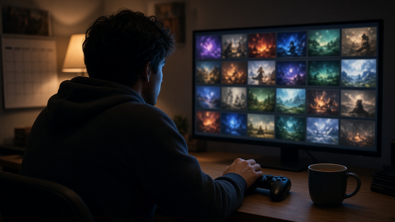 Steam Persönlicher Kalender: Spieler sitzt abends vor einem Monitor mit einem Raster aus Spiele-Kacheln