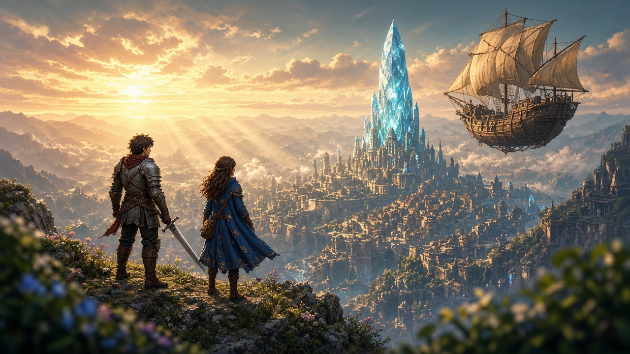 Final Fantasy Resonance: Ritter und Begleiterin blicken im Sonnenuntergang auf ein Königreich mit leuchtendem Kristall und fliegendem Luftschiff