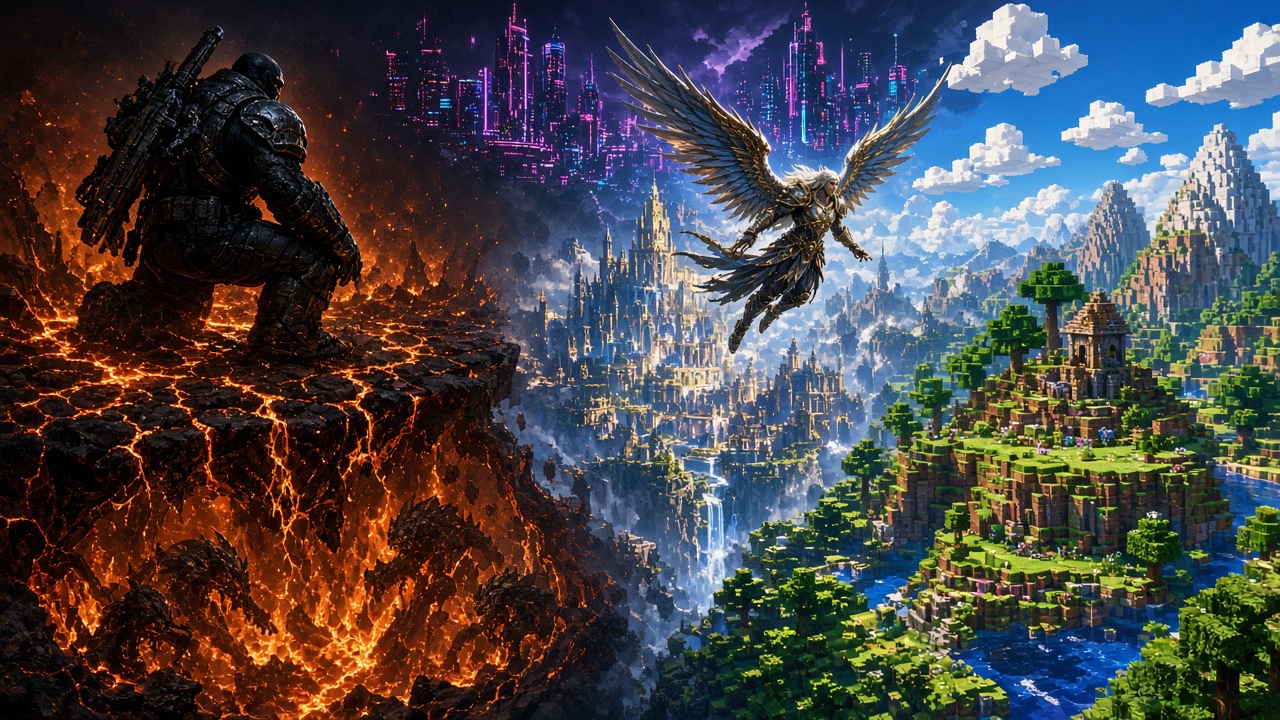 Gaming News Woche – Collage mit Locust-Emergence, geflügelten AION-Kriegern und Minecraft-Blöcken vor Neon-Skyline