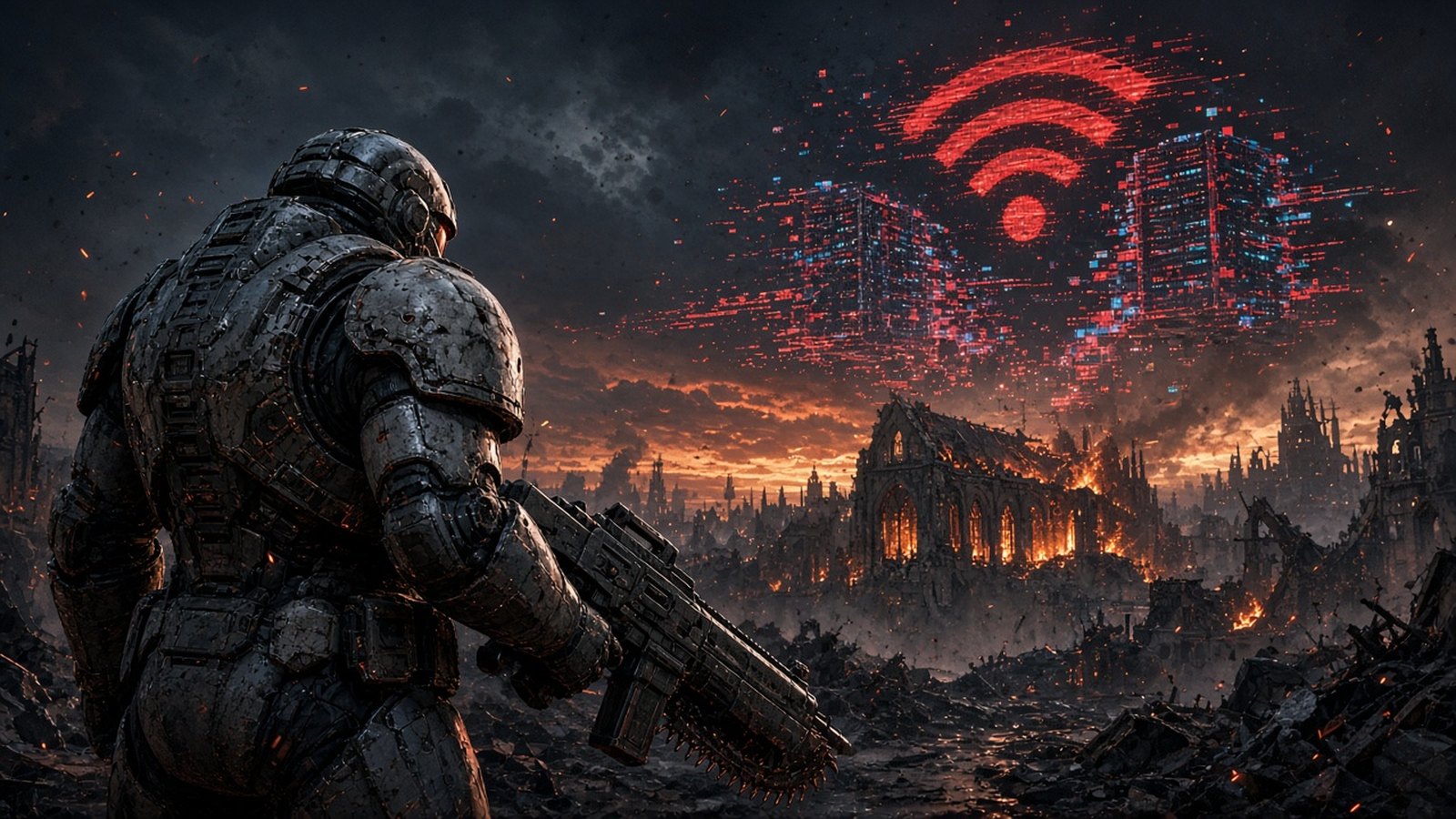 Gepanzerter Sci-Fi-Soldat vor brennender Ruinenstadt, daneben glitchende Server-Racks mit rotem Verbindungsabbruch-Symbol – Gears of War E-Day DDoS