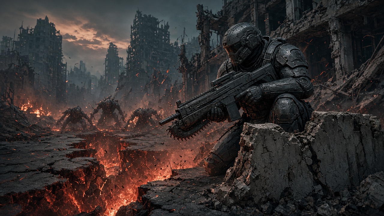 Gears of War E-Day Release – Soldaten in Action vor futuristischer Kulisse