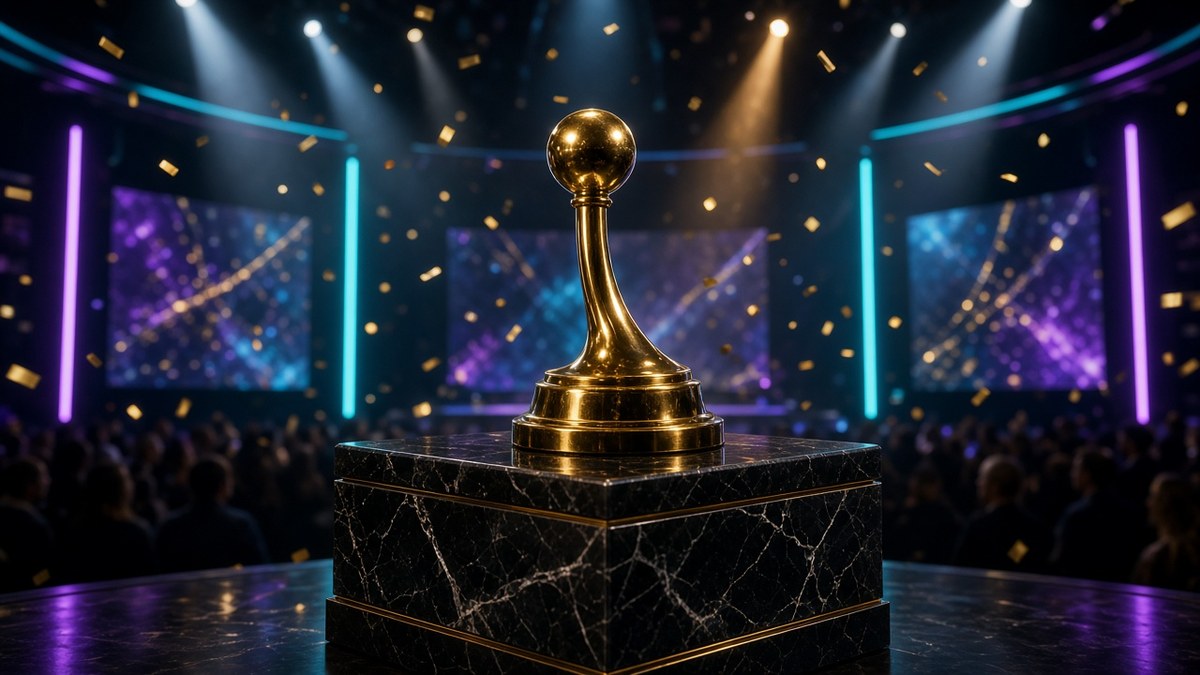 Goldene Joystick-Trophäe auf einem Marmorsockel auf einer Award-Bühne mit Scheinwerfern, Konfetti und Neonlicht