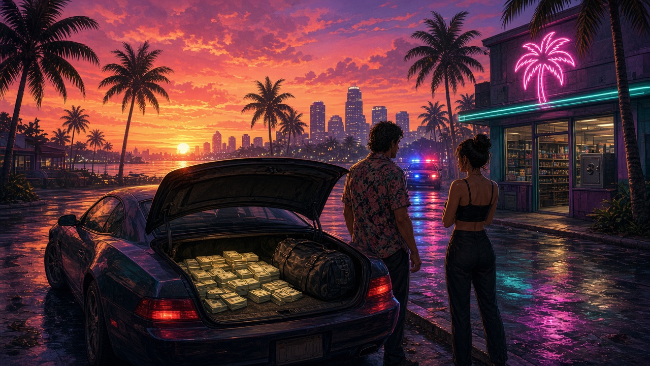 GTA 6 Geld – Gauner-Pärchen mit Bargeld im Kofferraum vor neonbeleuchteter Küstenstadt bei Sonnenuntergang