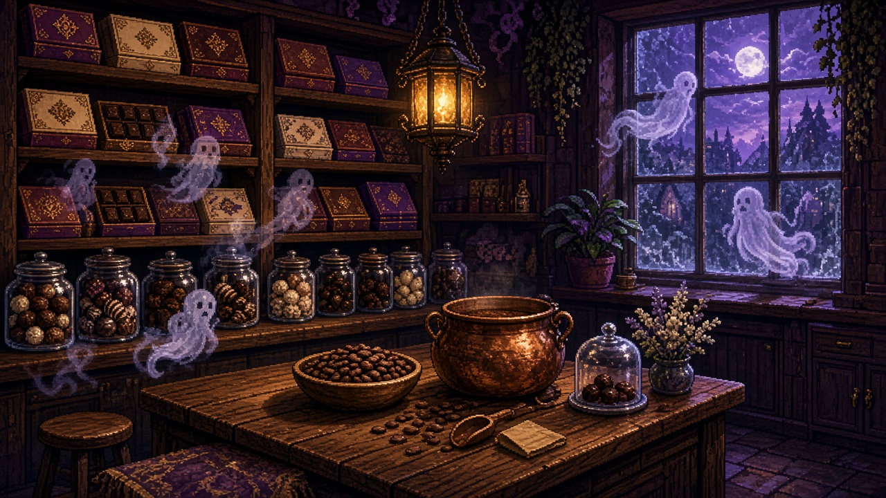Gemütliche Schokoladenwerkstatt bei Nacht mit Laternenlicht, Schokoladenkesseln und geisterhaften Figuren – Haunted Chocolatier Atmosphere