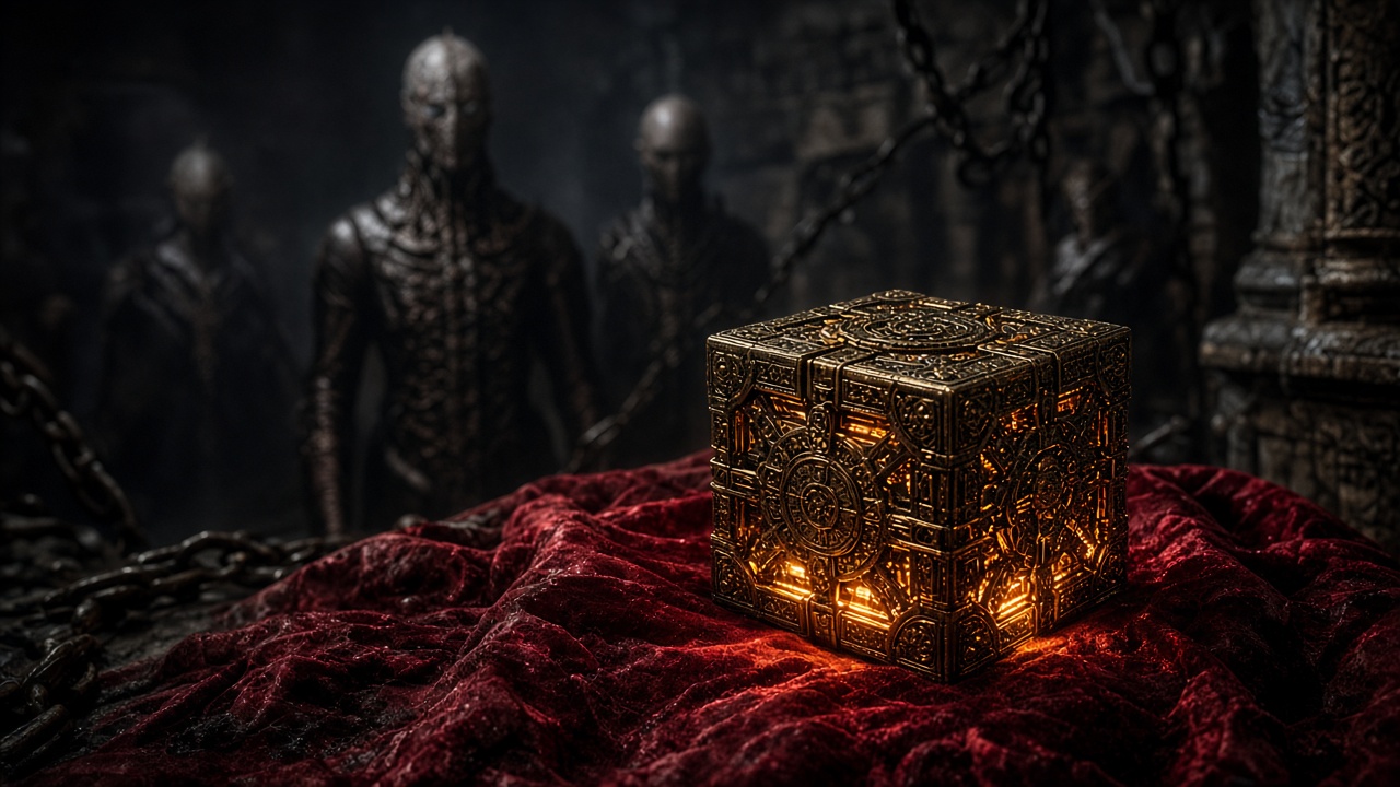 Hellraiser Revival – leuchtende Puzzlebox auf rotem Samt mit Ketten und dunklen Silhouetten im Hintergrund
