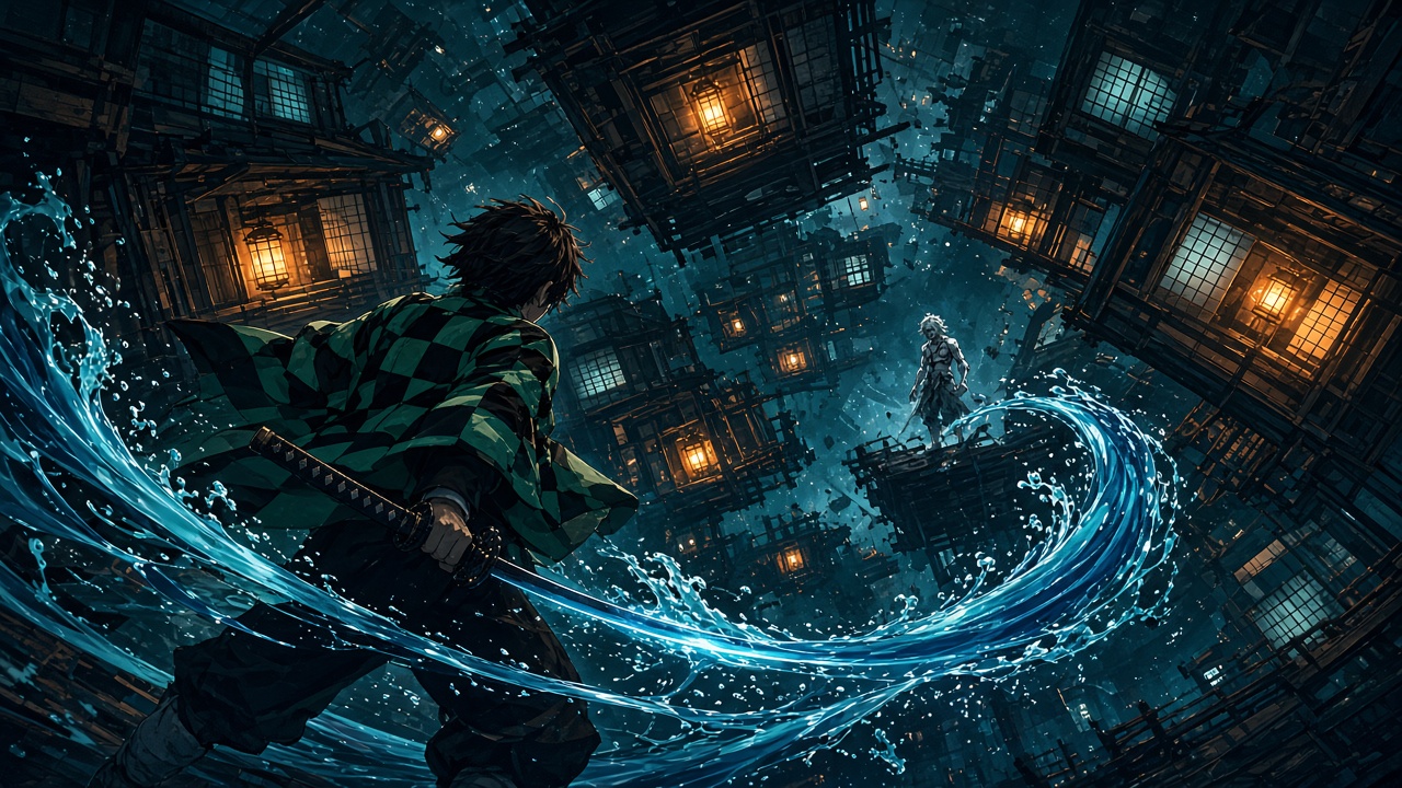 Anime-Schwertkämpfer im karierten Umhang entfesselt eine blaue Wasser-Atemtechnik gegen einen Dämon in einem Schloss aus schwebenden Holzräumen