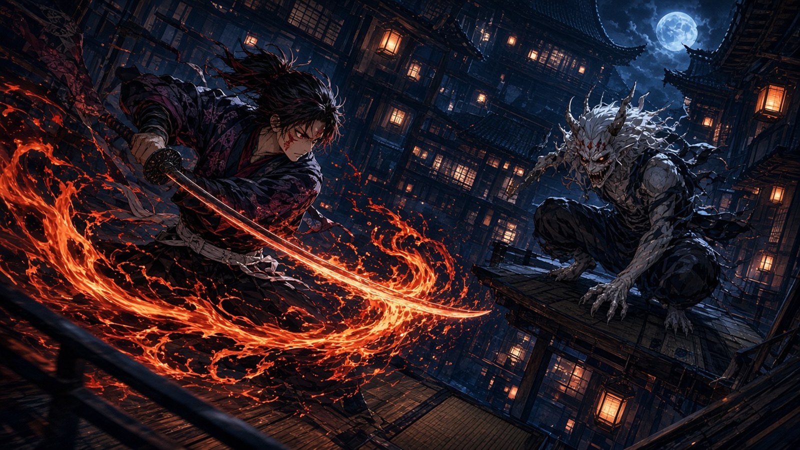 Hinokami Chronicles 2 Switch 2: Ein Dämonenjäger mit Schwert und Flammenatem kämpft nachts in einem japanischen Schloss gegen einen Dämon