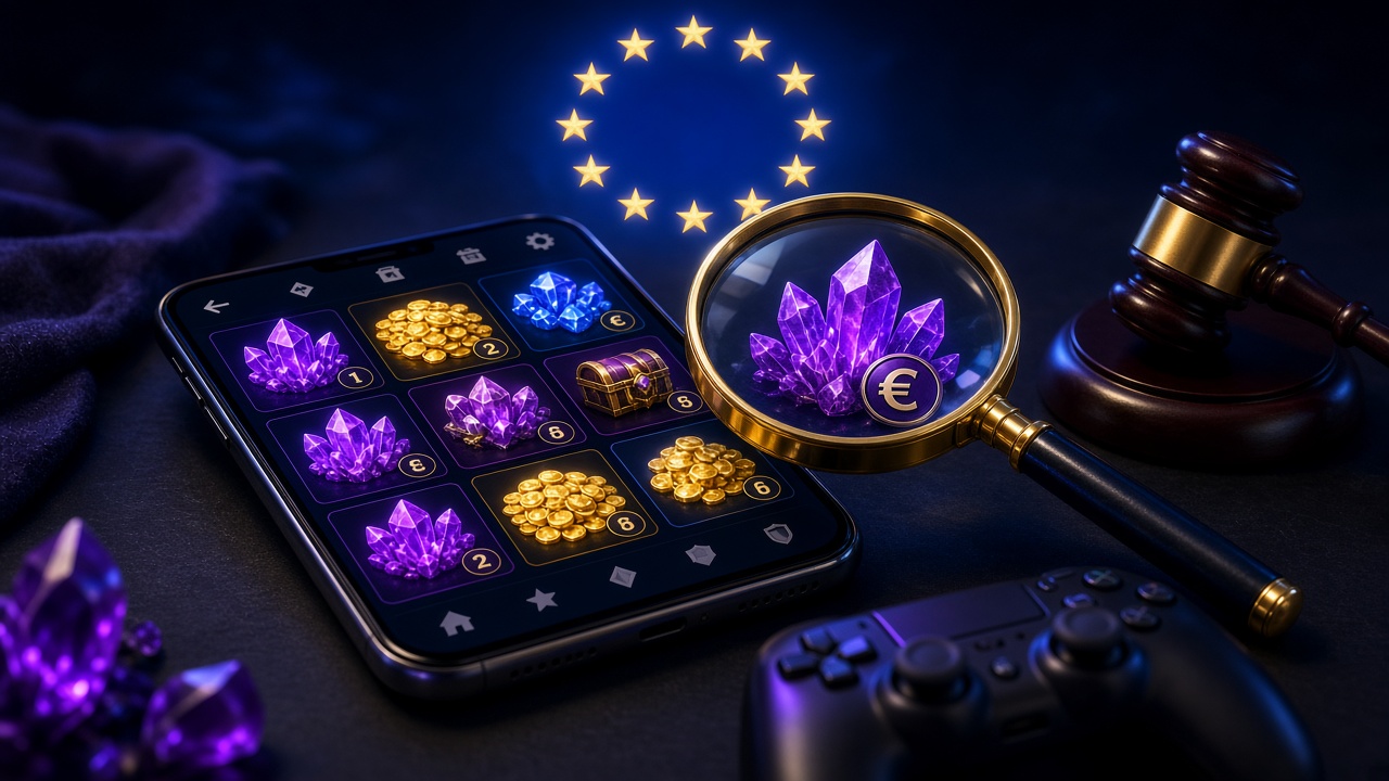 Smartphone mit Ingame-Shop voller Juwelen und Münzen, Lupe zeigt Euro-Symbol, darüber EU-Sterne, daneben Richterhammer und Controller.