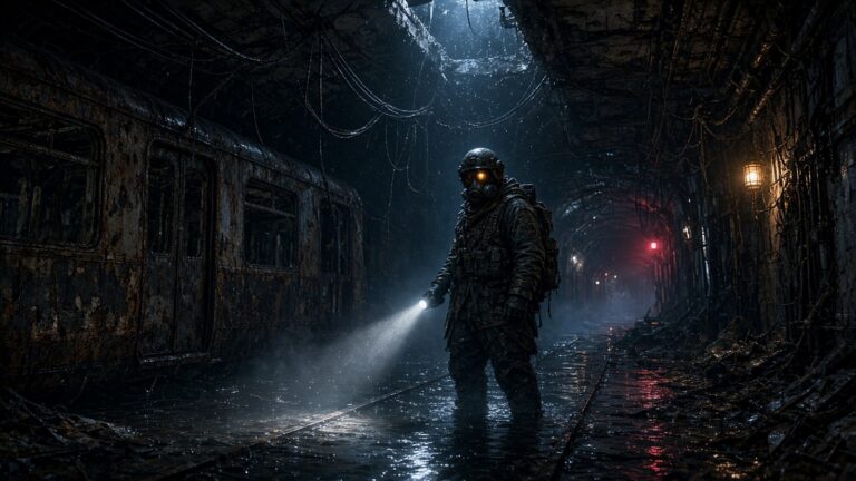 Überlebender mit Gasmasken-Helm und Taschenlampe in einem überfluteten Moskauer Metro-Tunnel – Metro 2039 Atmosphäre.
