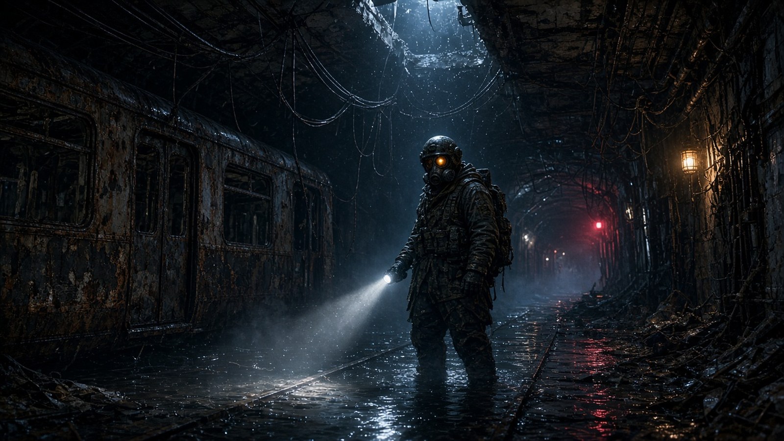 Überlebender mit Gasmasken-Helm und Taschenlampe in einem überfluteten Moskauer Metro-Tunnel – Metro 2039 Atmosphäre.