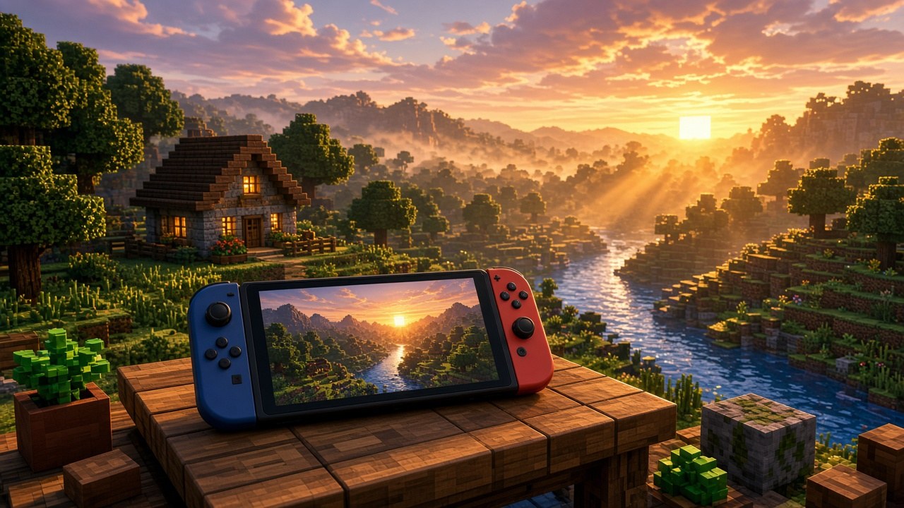 Minecraft Switch 2 – blockige Landschaft mit Vibrant-Visuals-Licht, Wasserspiegelungen und Sonnenuntergang