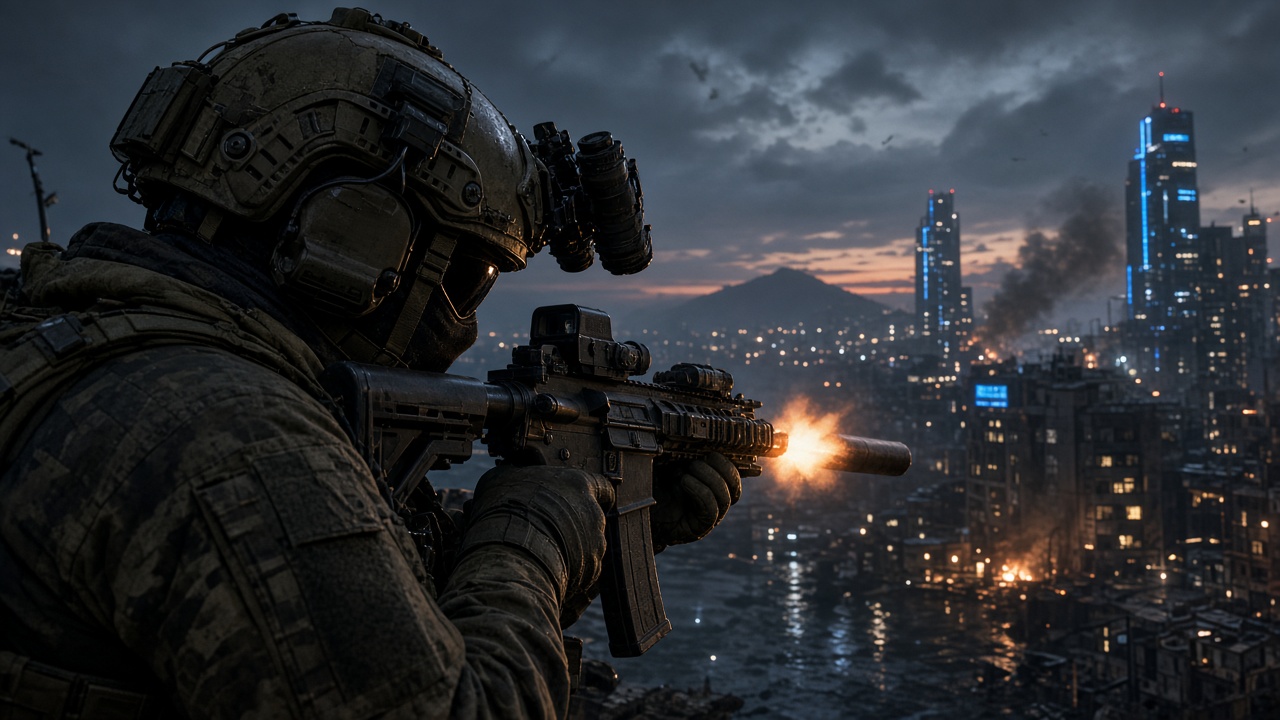 Modern Warfare 4 Early Access – taktischer Shooter-Soldat in urbaner Kriegszone mit Neon- und Rauchatmosphäre