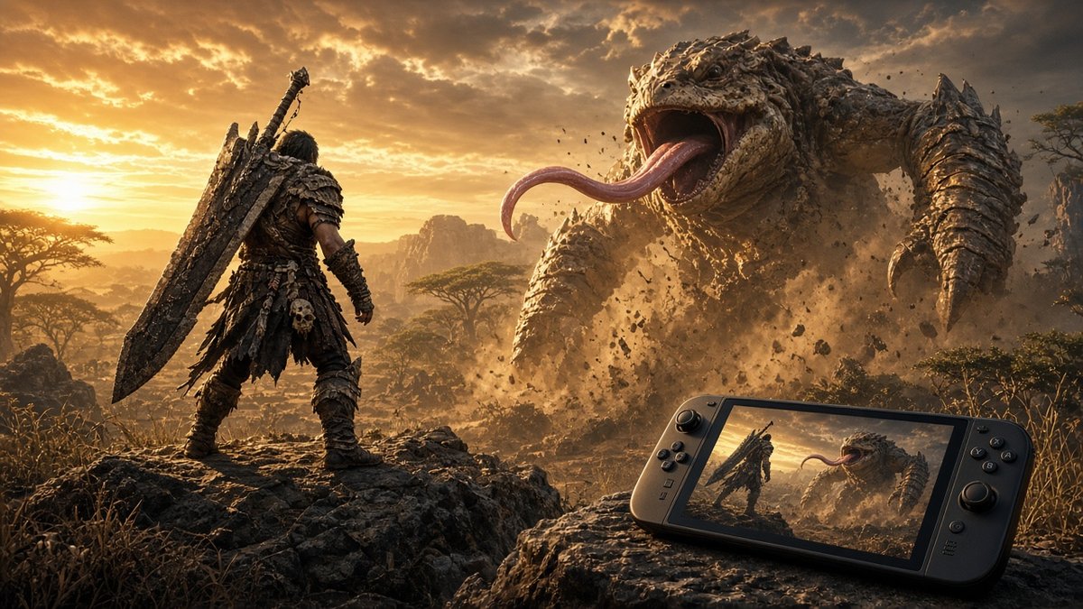 Monster Hunter Wilds Switch 2 Demo: Jäger mit Großschwert steht bei Sonnenuntergang vor einem riesigen froschartigen Monster, im Vordergrund eine Handheld-Konsole mit derselben Szene