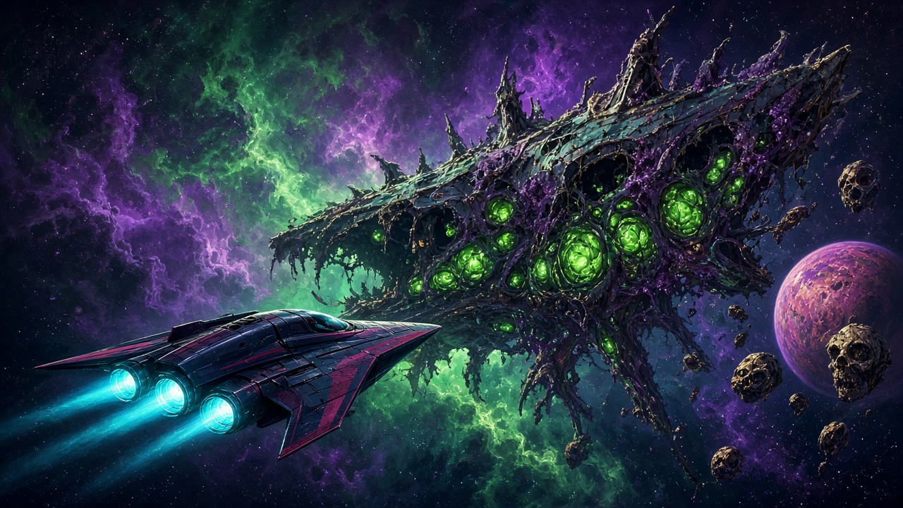 No Man's Sky Forsaken: Korvette vor einem verlassenen, unheimlichen Frachter im grünlich leuchtenden Weltraum