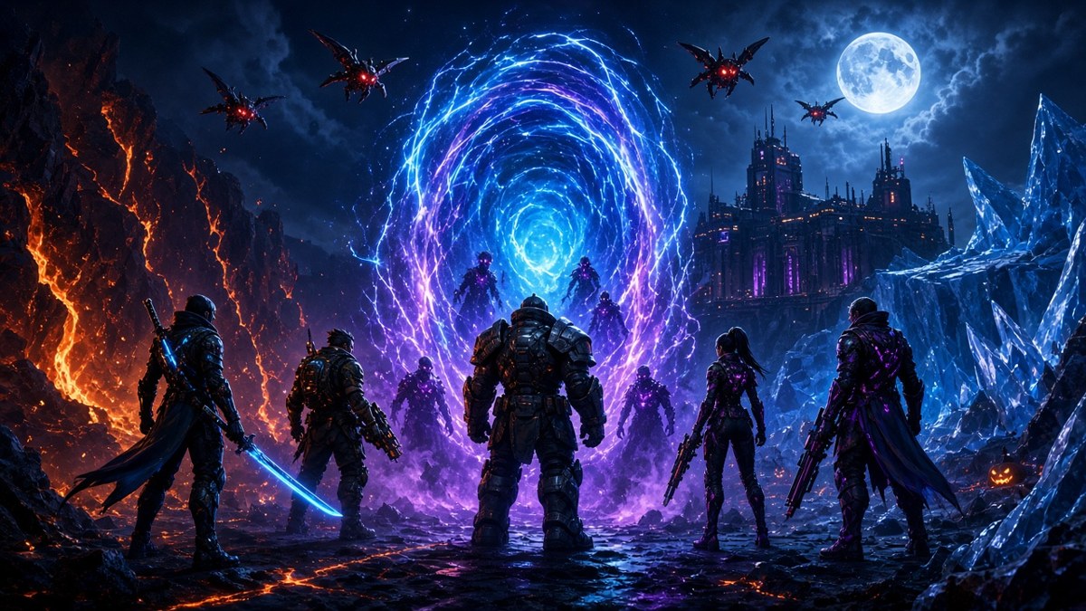 Overwatch Season 5 – Helden vor einem leuchtenden Portal in der Vulkan- und Eislandschaft von Grímsvötn