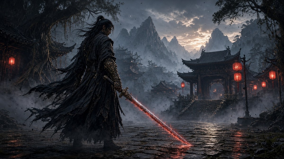 Phantom Blade Zero: Wuxia-Schwertkämpfer mit rot glühender Klinge vor einem nebligen Tempel mit roten Laternen