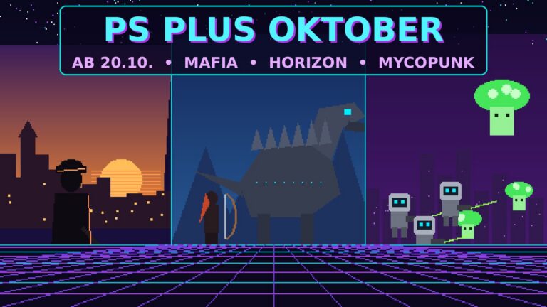 PlayStation Plus Oktober 2026: Neon-Gaming-Collage mit Gangster-Silhouette, Maschinen-Dinosaurier und Pilz-Robotern