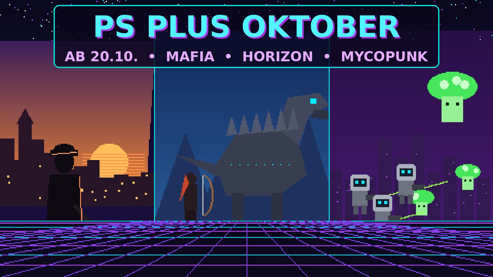PlayStation Plus Oktober 2026: Neon-Gaming-Collage mit Gangster-Silhouette, Maschinen-Dinosaurier und Pilz-Robotern