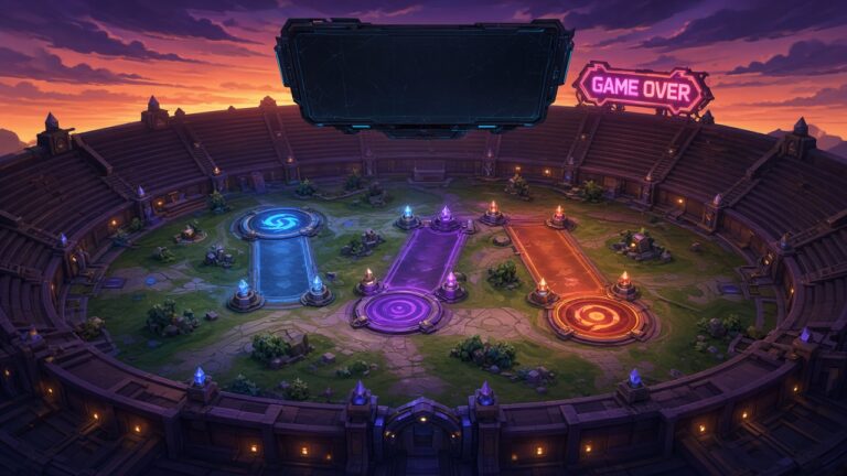 Pokémon UNITE Einstellung: Leere MOBA-Arena in der Abenddämmerung mit erloschener Anzeigetafel und Game-Over-Schild