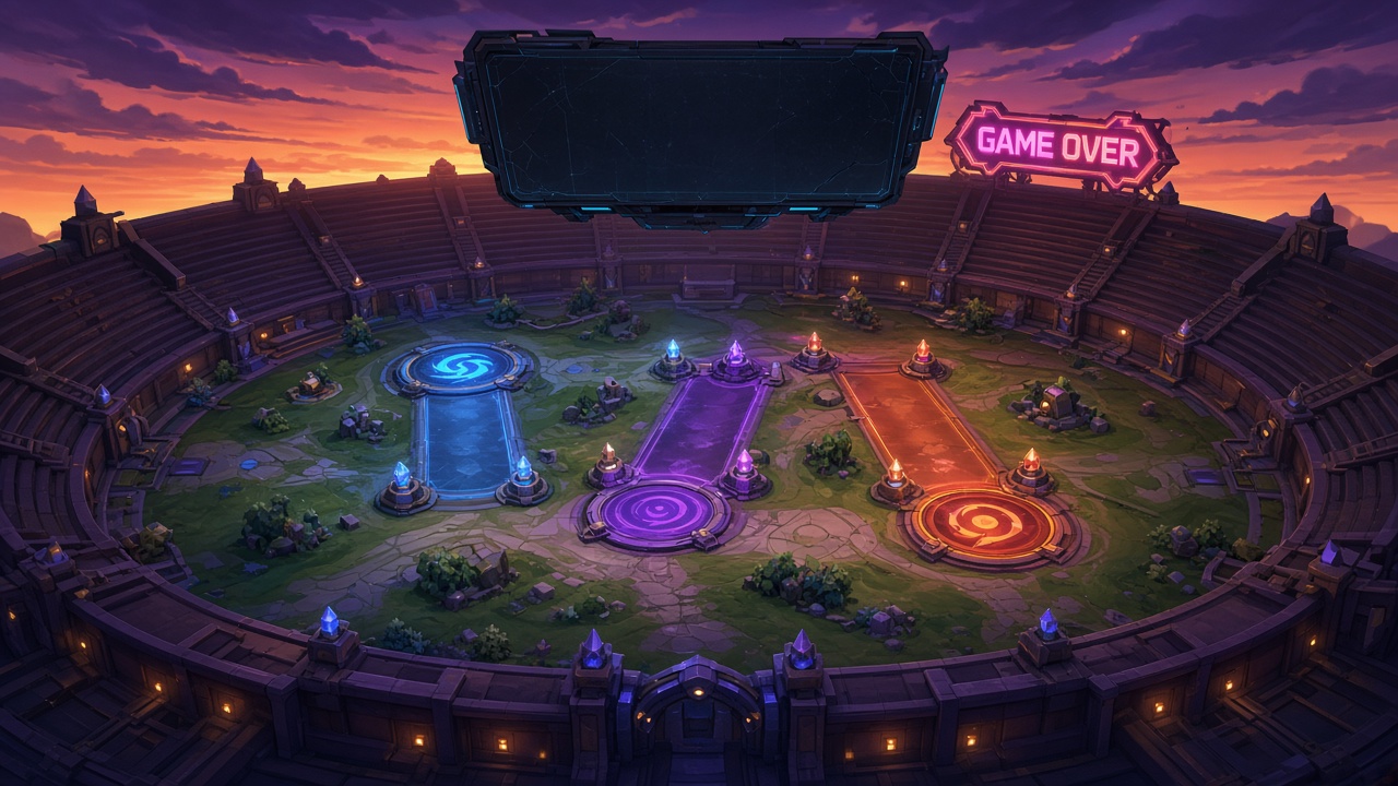 Pokémon UNITE Einstellung: Leere MOBA-Arena in der Abenddämmerung mit erloschener Anzeigetafel und Game-Over-Schild