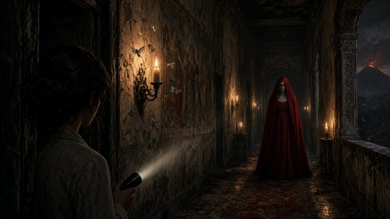 Remothered Red Nun's Legacy: Eine Nonne in rotem Gewand steht in einem kerzenbeleuchteten Flur einer alten Villa, eine Frau mit Taschenlampe versteckt sich im Vordergrund