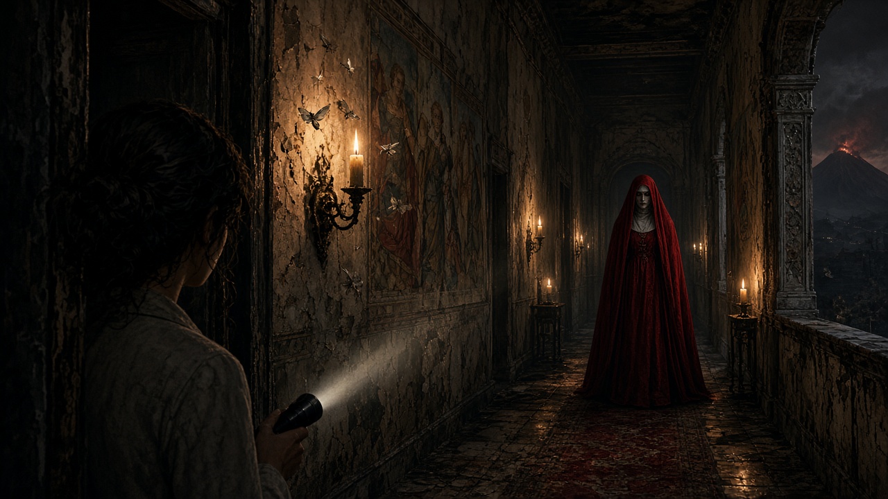 Remothered Red Nun's Legacy: Eine Nonne in rotem Gewand steht in einem kerzenbeleuchteten Flur einer alten Villa, eine Frau mit Taschenlampe versteckt sich im Vordergrund