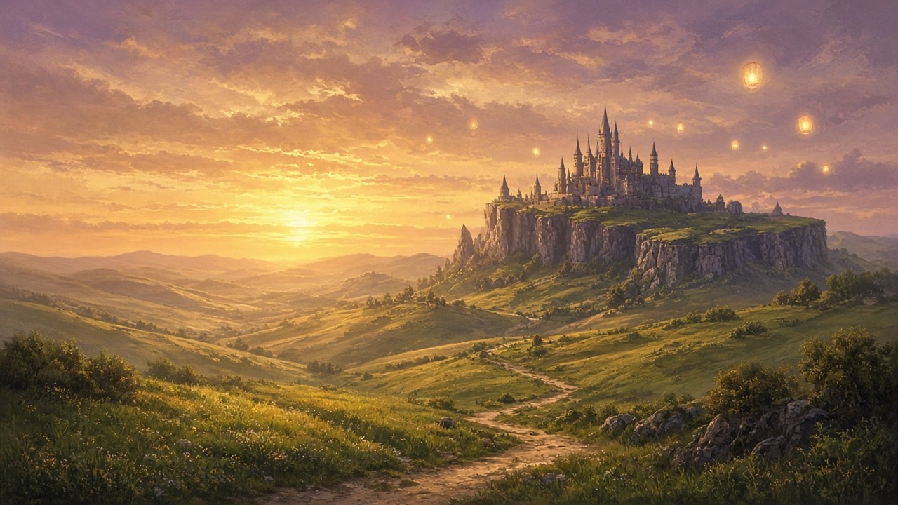 Fantasie-MMO-Landschaft bei Abendlicht, stilisiert ohne Text