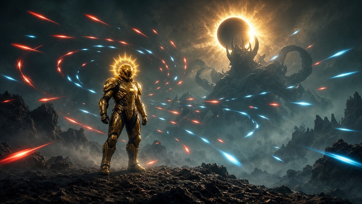 Saros Zenith Update: Soldat in goldener Rüstung mit leuchtender Krone steht unter einer Sonnenfinsternis, umgeben von roten und blauen Projektilen, im Hintergrund ein riesiges Alien-Monster