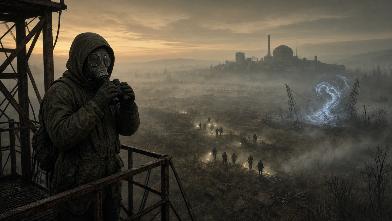 Stalker 2 Update 2.1: Stalker mit Fernglas blickt über die nebelige Zone mit fernen NPC-Trupps und Anomalie