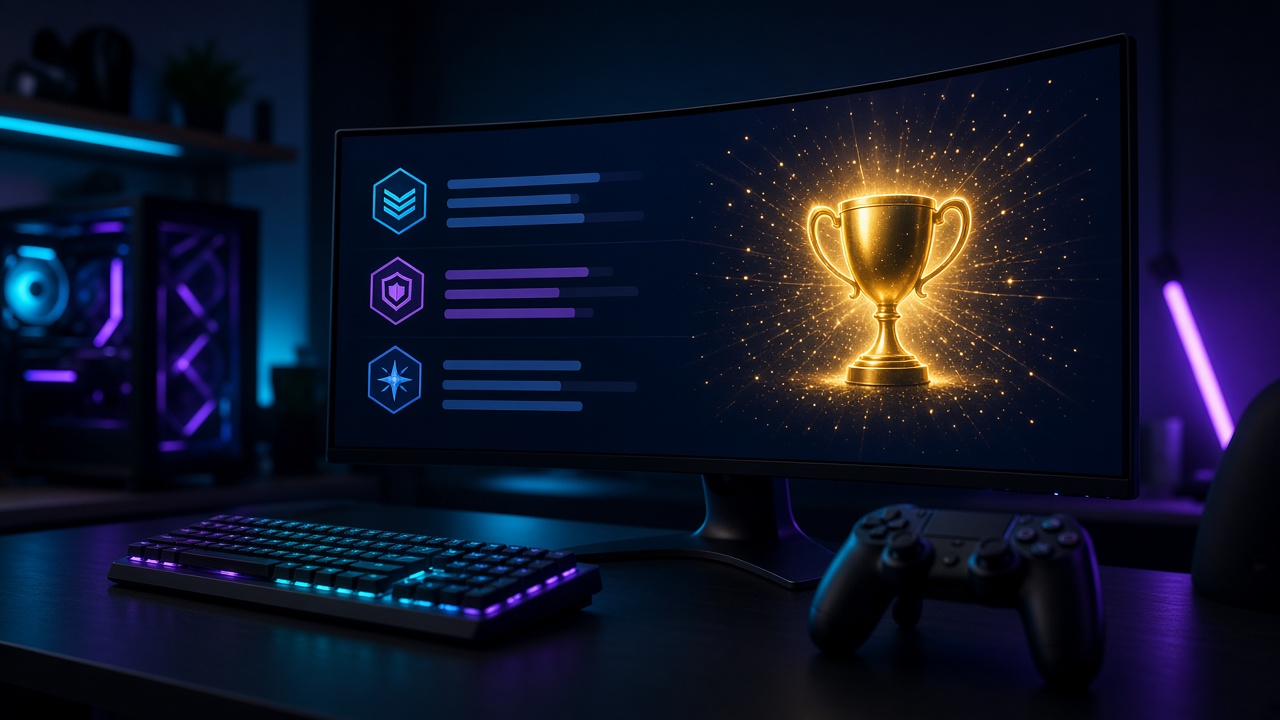 Steam Achievement Sets: Gaming-Monitor mit blauen und lila Fortschrittsbalken und goldener Trophäe im Neonlicht