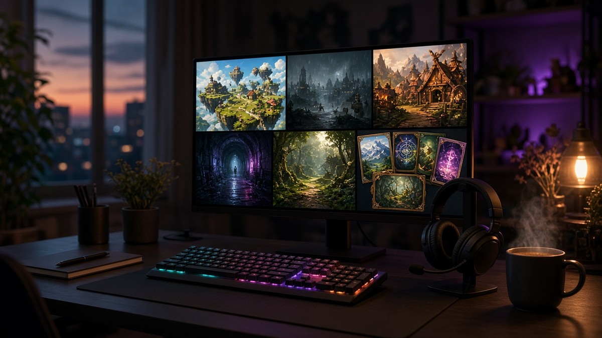 Gemütlicher PC-Gaming-Platz am Abend mit Monitor voller verschiedener Spielwelten, RGB-Tastatur, Headset und Teetasse