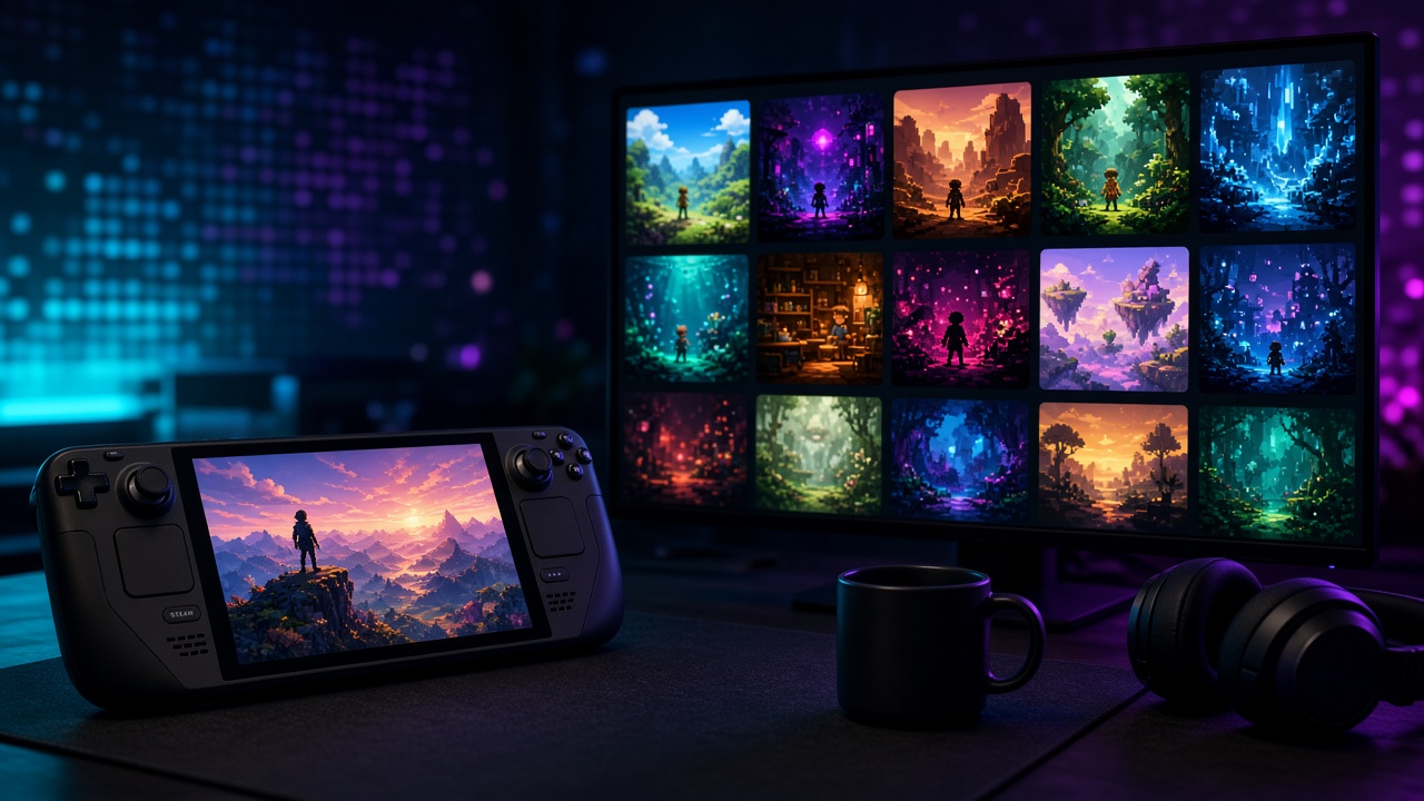 Steam Next Fest Oktober 2026: Gaming-Setup mit leuchtenden Indie-Demo-Kacheln in Türkis- und Lilaneonlicht