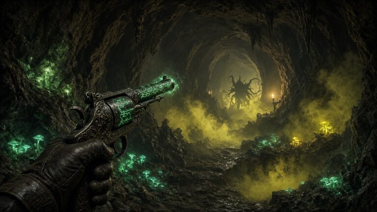 Ego-Perspektive in einer nebligen Höhle mit leuchtenden Pilzen, eine Hand hält einen verzierten Revolver mit grün leuchtenden Runen, hinten lauert eine Kreatur