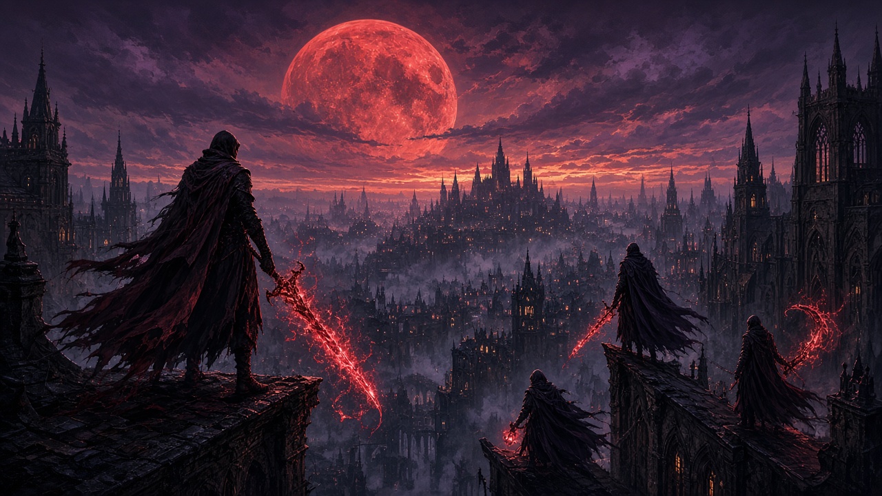 The Duskbloods Verschiebung: Düstere Krieger im Zwielicht vor einer gotischen Stadt mit blutrotem Mond