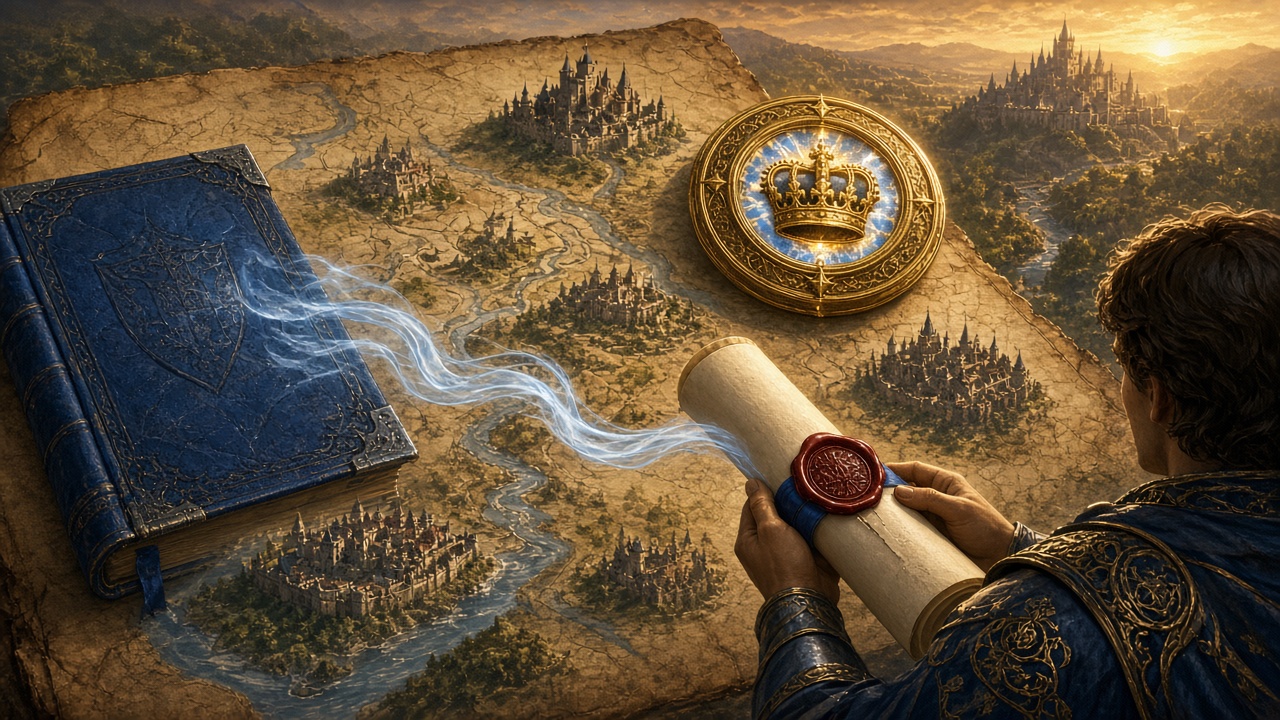 Ultima Rechte – fantasy map of Britannia with Lord British medallion and glowing copyright scroll